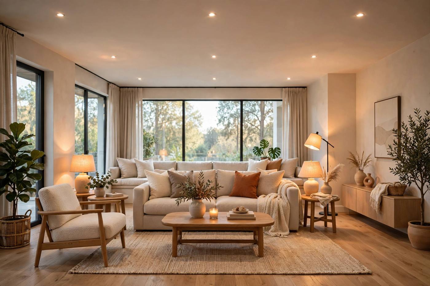 A bright living room with layered lighting switched on